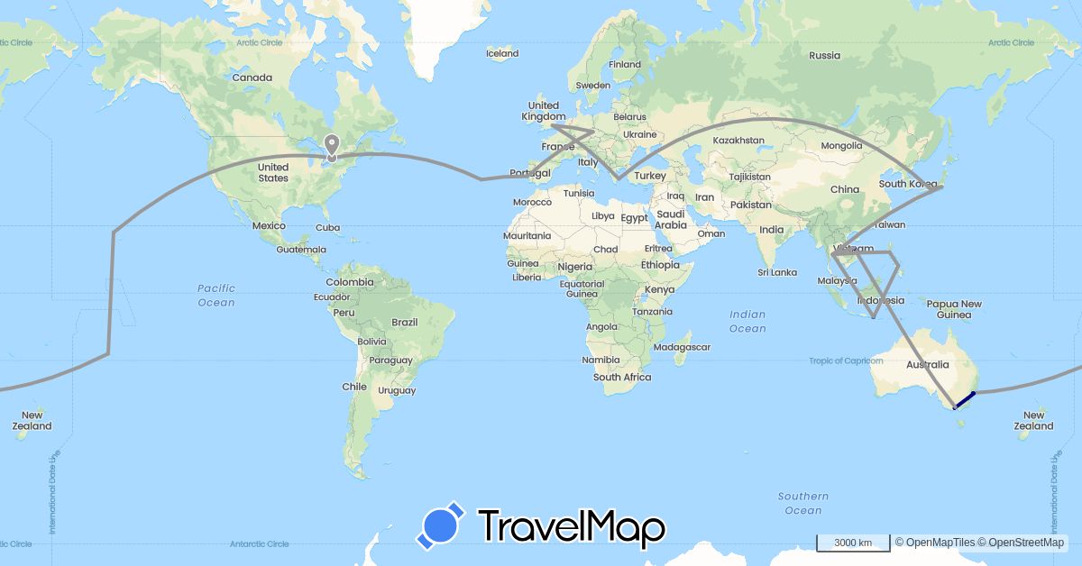 TravelMap itinerary: driving, plane in Australia, Canada, Cook Islands, Czech Republic, United Kingdom, Greece, Indonesia, Japan, Philippines, Portugal, Thailand, United States, Vietnam (Asia, Europe, North America, Oceania)